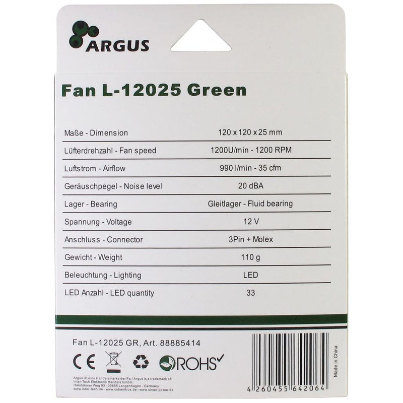 INTER-TECH Argus L-12025 GR zeleni LED 120mm ventilator