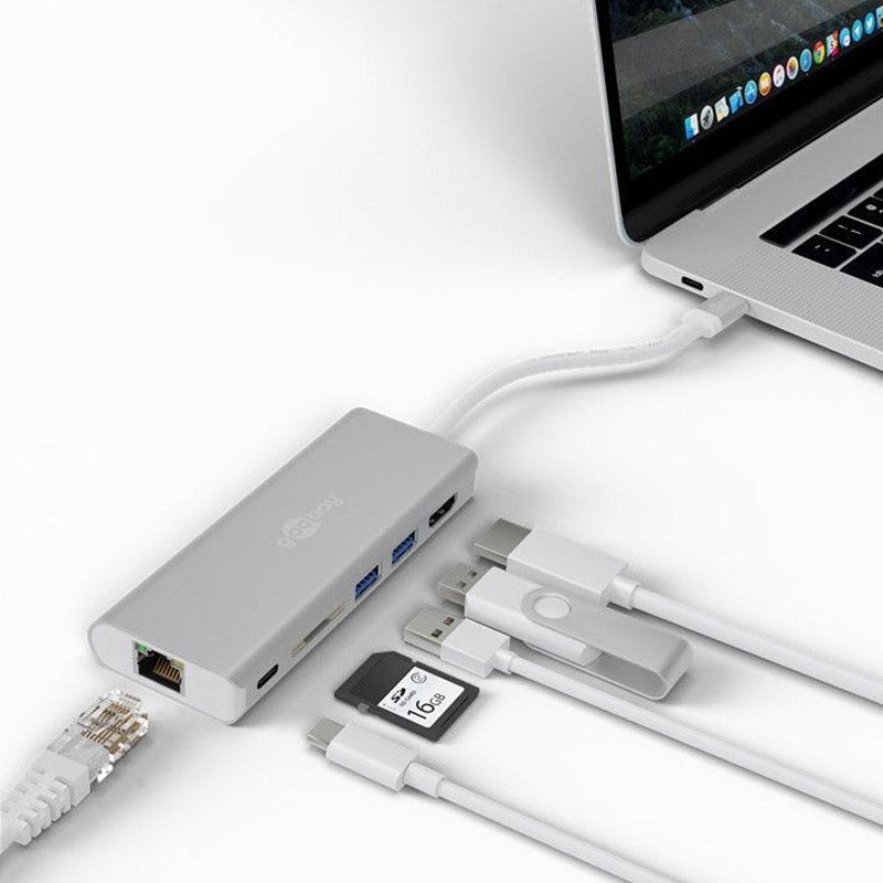 GOOBAY USB-C / RJ45 + HDMI + 2xUSB 3.0 + USB-C + SD srebrna priklopna postaja