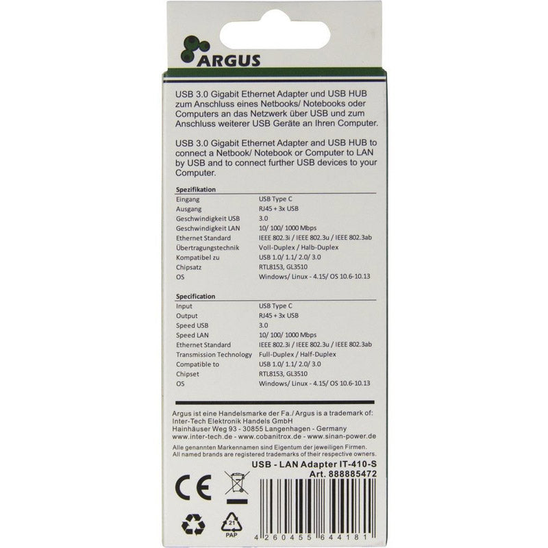 INTER-TECH Argus IT-410-S RJ45/3xUSB3.0-Type C LAN adapter