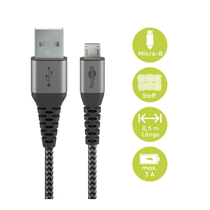 GOOBAY micro USB na USB-A 2.0 0,5m priključni kabel s kovinskimi vtiči vesoljsko siva/srebrna