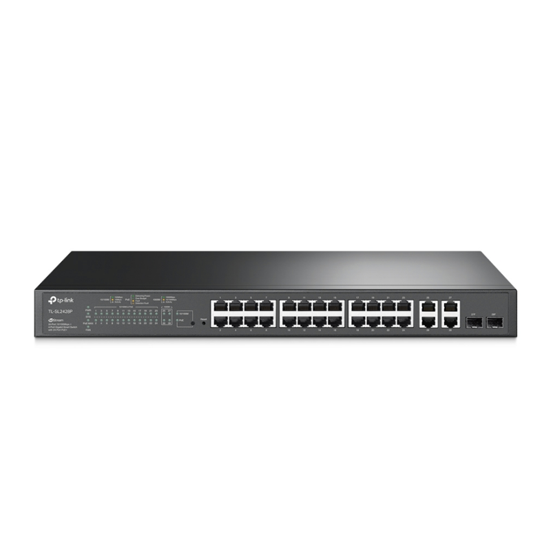 TP-LINK JetStream TL-SL2428P 28-vratno 24x 10/100Mbps PoE+ RJ45 2x gigabitno RJ45 2x SFP/RJ45 Combo pametno mrežno stikalo