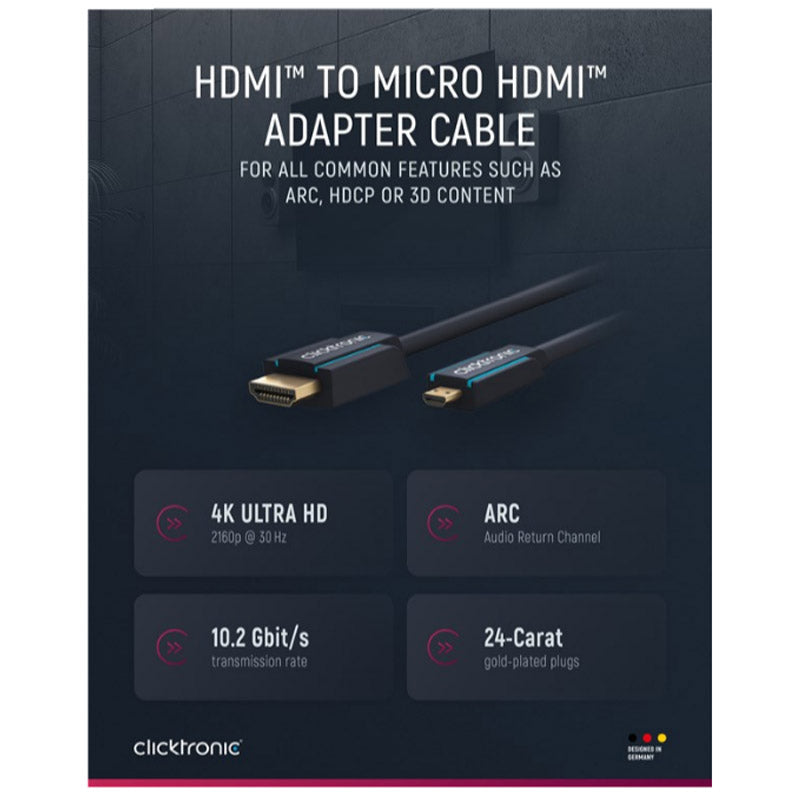 CLICKTRONIC High Speed ​​HDMI (M) na micro HDMI (M) 1.4 4K 30Hz 2m z Ethernet pozlačen črn kabel