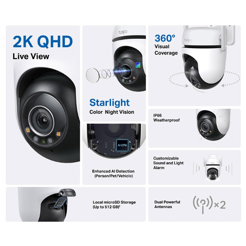 TP-LINK Tapo C520WS 4MP 2K QHD IP66 360° WiFi Starlight antena bela zunanja nadzorna kamera