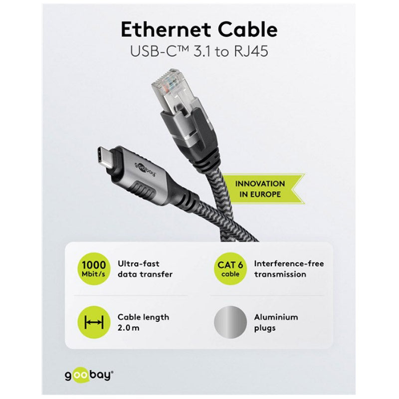 GOOBAY USB-C 3.1 na RJ45 2m CAT 6 črn/siv mrežni povezovalni kabel