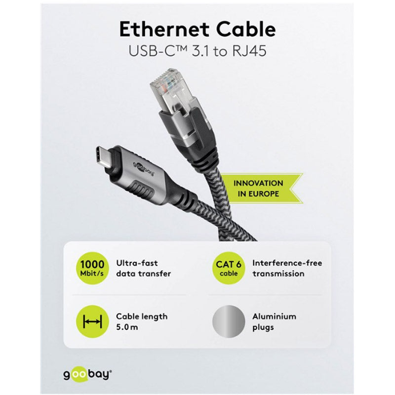 GOOBAY USB-C 3.1 na RJ45 5m CAT 6 črn/siv mrežni povezovalni kabel