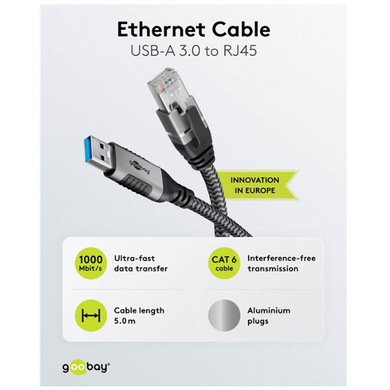 GOOBAY USB-A 3.0 na RJ45 5m CAT 6 črn/siv mrežni povezovalni kabel