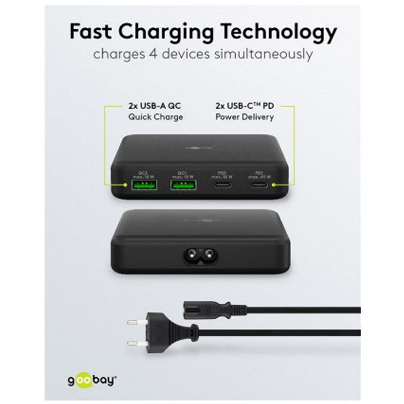 GOOBAY 2x USB-C + 2x USB-A GaN 5V 65W črni polnilec