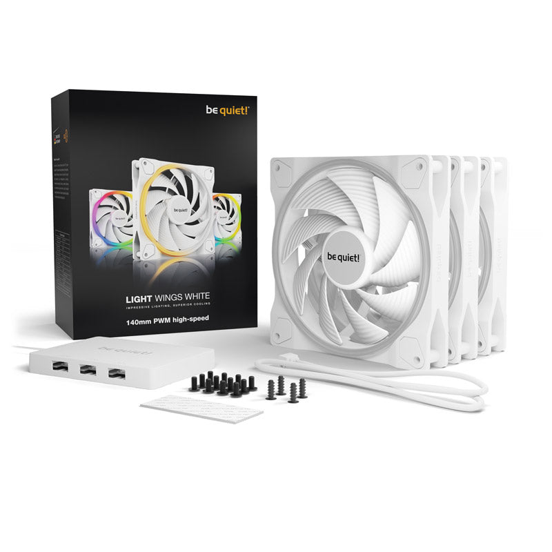 BE QUIET! LIGHT WINGS White High-Speed (BL103) trojni komplet RGB 140 mm 4-pinski PWM beli ventilator