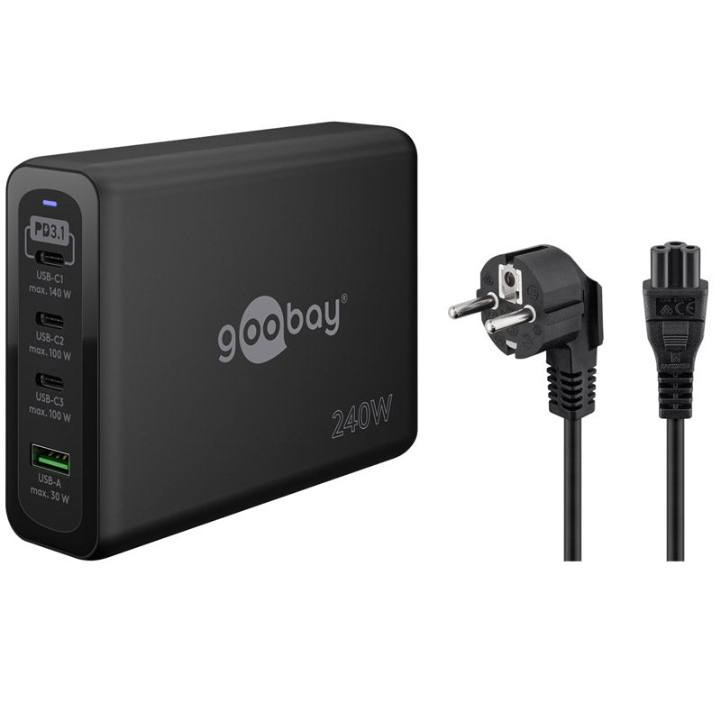 GOOBAY USB-C PD GaN Večvratni 240W 4-vratni GaN USB-C/USB-A črni polnilec
