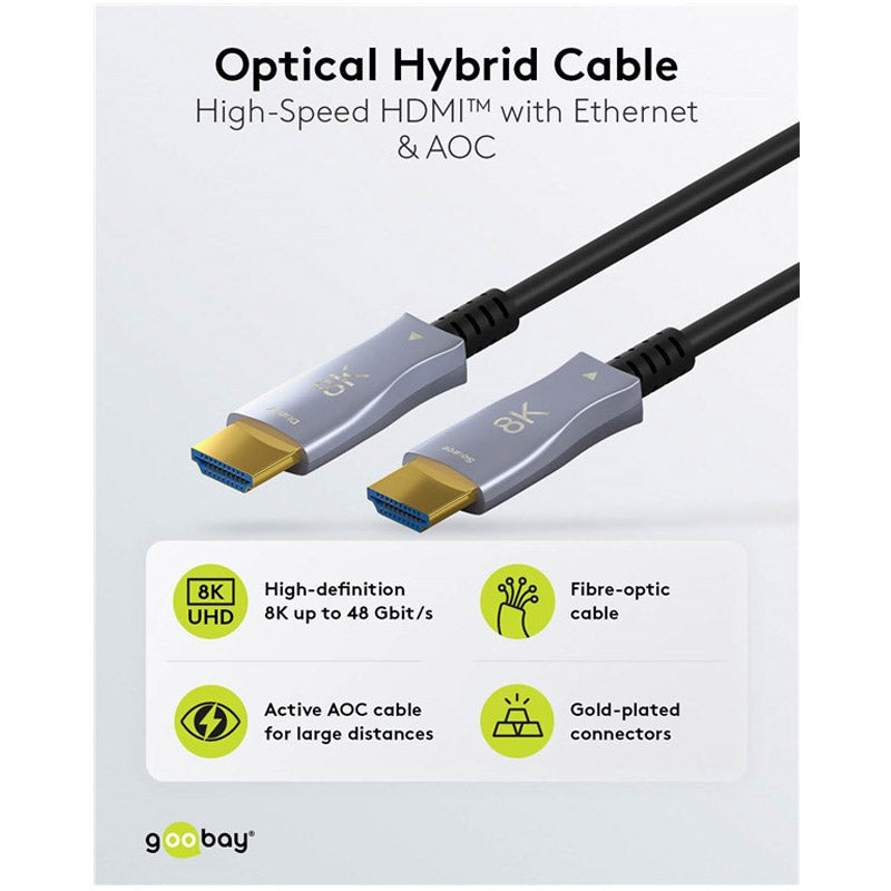 GOOBAY Optical Hybrid Ultra High Speed ​​HDMI (M/M) 2.1 8K 60Hz 10m z Ethernet AOC pozlačen črn Optični Hibridni kabel