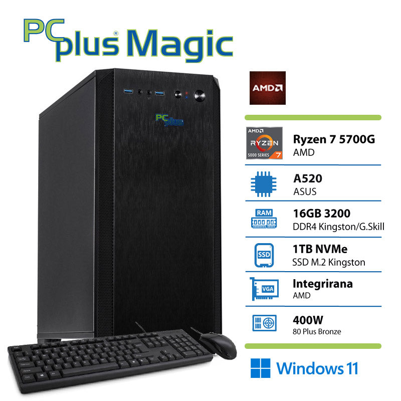 PCPLUS Magic Ryzen 7 5700G 16 GB 1 TB SSD Windows 11 Home tipkovnica miška namizni računalnik