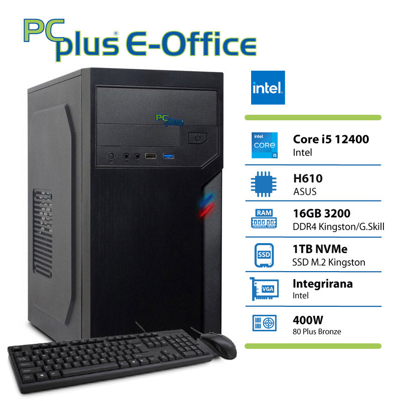 PCPLUS e-pisarna i5 12400 16GB 1TB SSD tipkovnica miška namizni računalnik