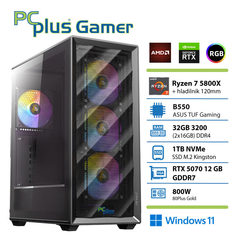 PCPLUS Gamer Ryzen 7 5800X 32GB 1TB SSD RTX 5070 12GB Windows 11 Home igralni namizni računalnik