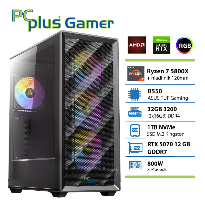 PCPLUS Gamer Ryzen 7 5800X 32GB 1TB SSD RTX 5070 12GB igralni namizni računalnik