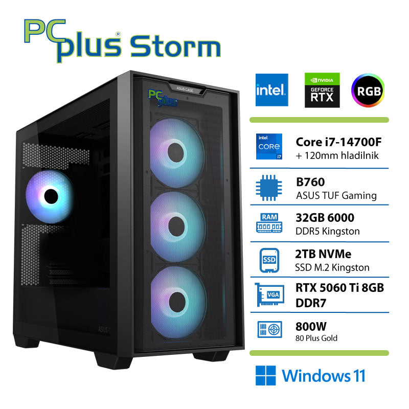 PCPLUS Storm Core i7 14700F 32GB 2TB SSD RTX 5060Ti 8GB Windows 11 Home igralni namizni računalnik