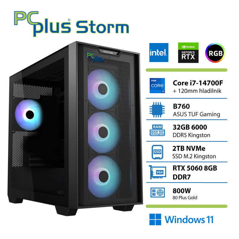 PCPLUS Storm Core i7 14700F 32GB 2TB SSD RTX 5060Ti 8GB Windows 11 Home igralni namizni računalnik