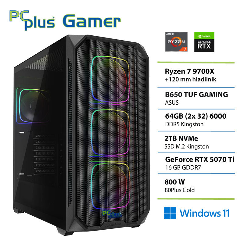 PCPLUS Gamer Ryzen 7 9700X 64GB 2TB SSD RTX 5070Ti 16GB Windows 11 Home igralni namizni računalnik