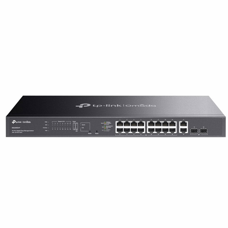 TP-LINK Omada ES220GMP 20-vratno 16x Gigabit PoE+ RJ45 2x Gigabit RJ45 2x Gigabit SFP nadzorovano mrežno stikalo