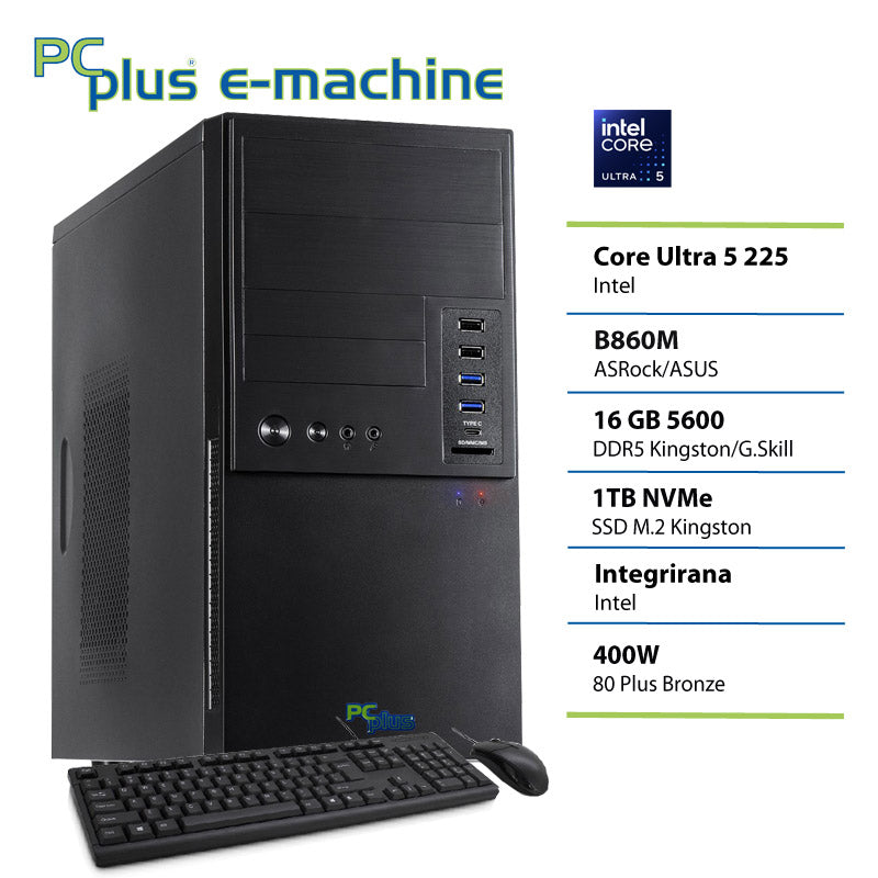 PCPLUS e-stroj Core Ultra 5 225 16 GB 1 TB SSD tipkovnica miška namizni računalnik