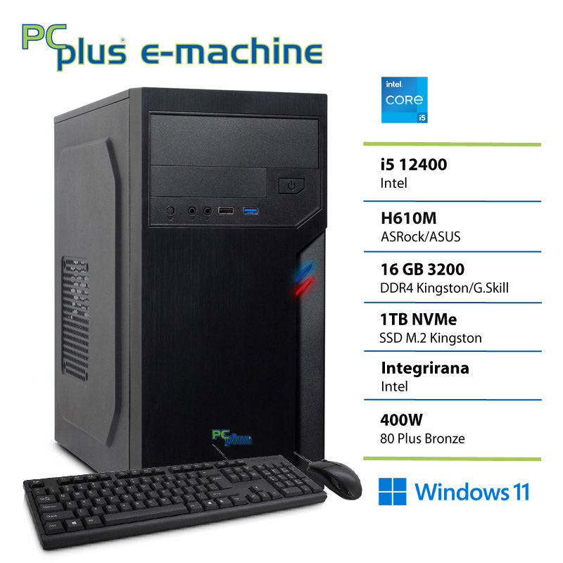 PCPLUS e-pisarna i5 12400 16GB 1TB SSD Windows 11 Home tipkovnica miška namizni računalnik