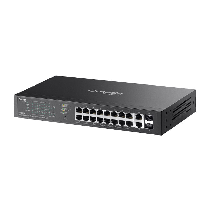 TP-LINK Omada ES220GP 20-portno 16x Gigabitno PoE+ RJ45 2x Gigabitno RJ45 2x Gigabitno SFP upravljano mrežno stikalo