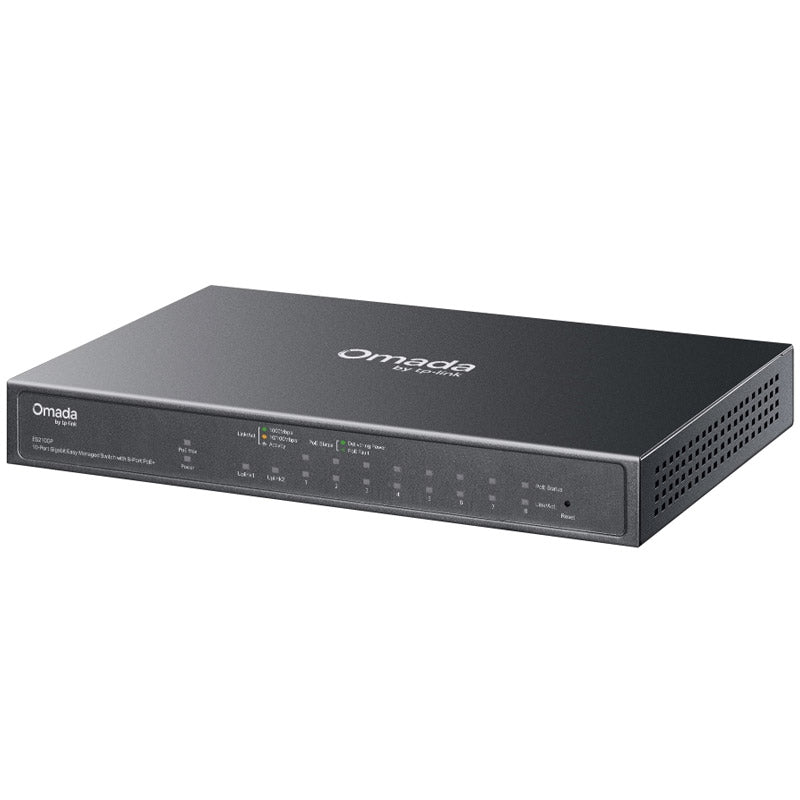 TP-LINK Omada ES210GP 10-vratno 8x gigabitno (8x PoE+) RJ45 1x gigabitno SFP 1x gigabitno SFP/RJ45 kombinirano upravljano omrežno stikalo
