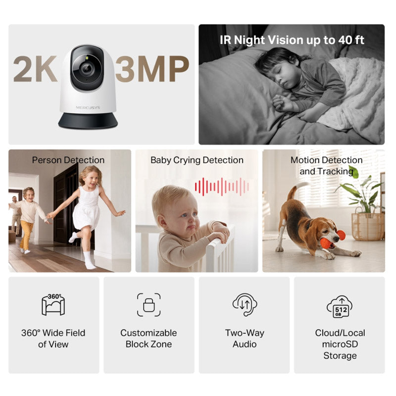 MERCUSYS MC210 3MP 2K 4mm možnost Pan/Tilt Wi-Fi notranja nadzorna kamera