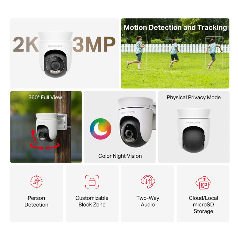MERCUSYS MC510 3MP 2K možnosti Pan/Tilt Wi-Fi zunanja nadzorna kamera